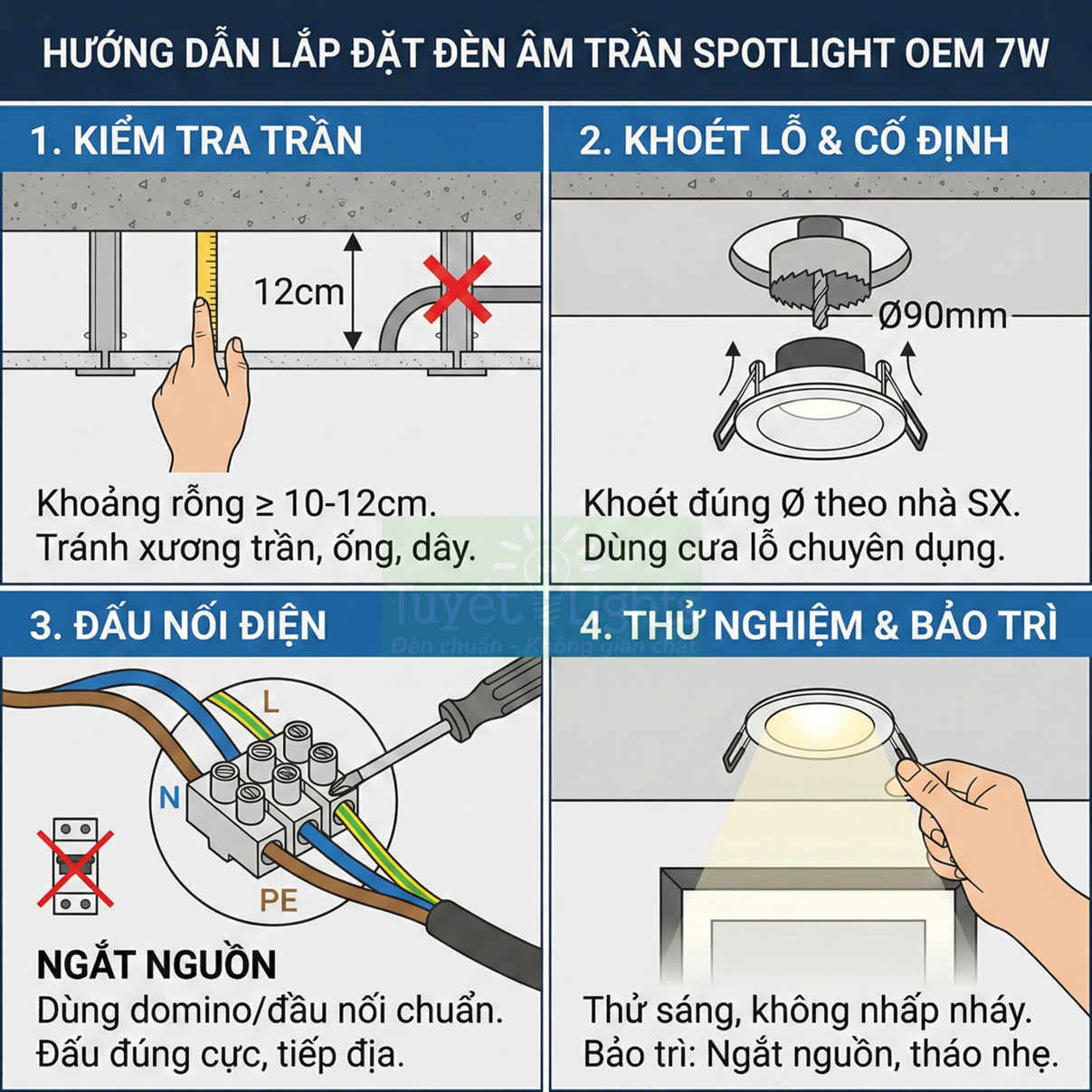 Hướng dẫn lắp đặt đèn âm trần spotlight OEM 7W với các bước khoan lỗ, đấu nối điện và thử sáng