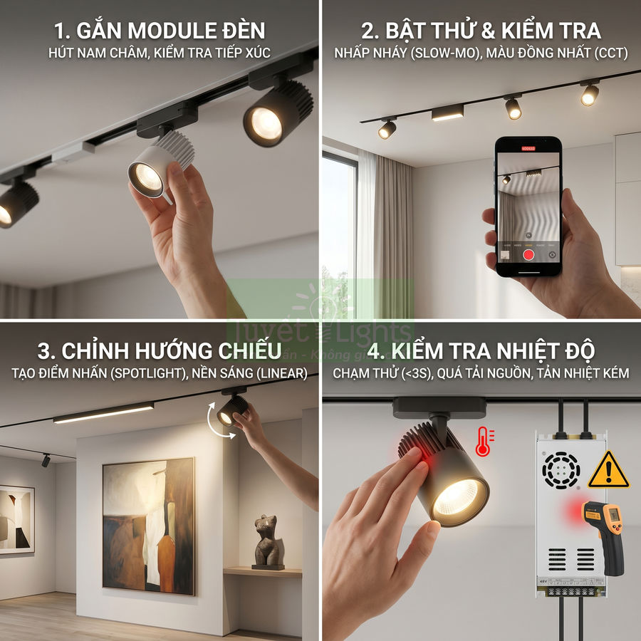 Đèn rọi ray LED trong phòng khách hiện đại, hướng dẫn lắp đặt, chỉnh hướng chiếu và kiểm tra nhiệt độ hoạt động