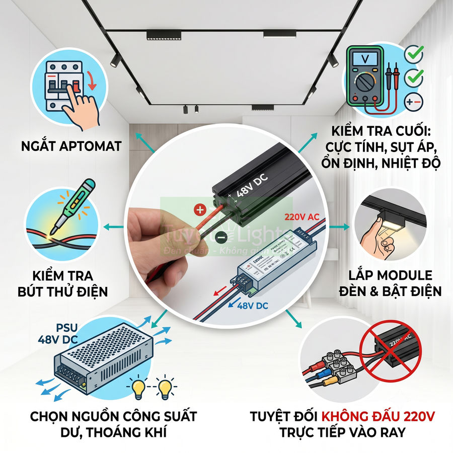 Hướng dẫn lắp đặt hệ thống đèn ray nam châm 48V DC an toàn, chọn nguồn PSU và kiểm tra điện trước khi bật đèn
