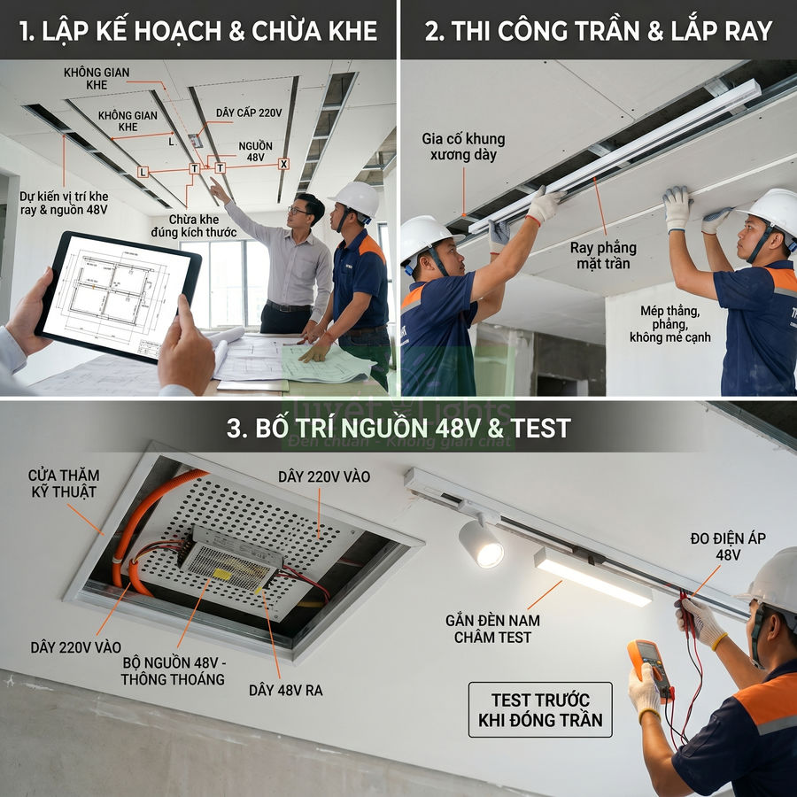 Quy trình lắp đặt đèn ray nổi 48V âm trần với kỹ thuật viên thi công và kiểm tra nguồn điện