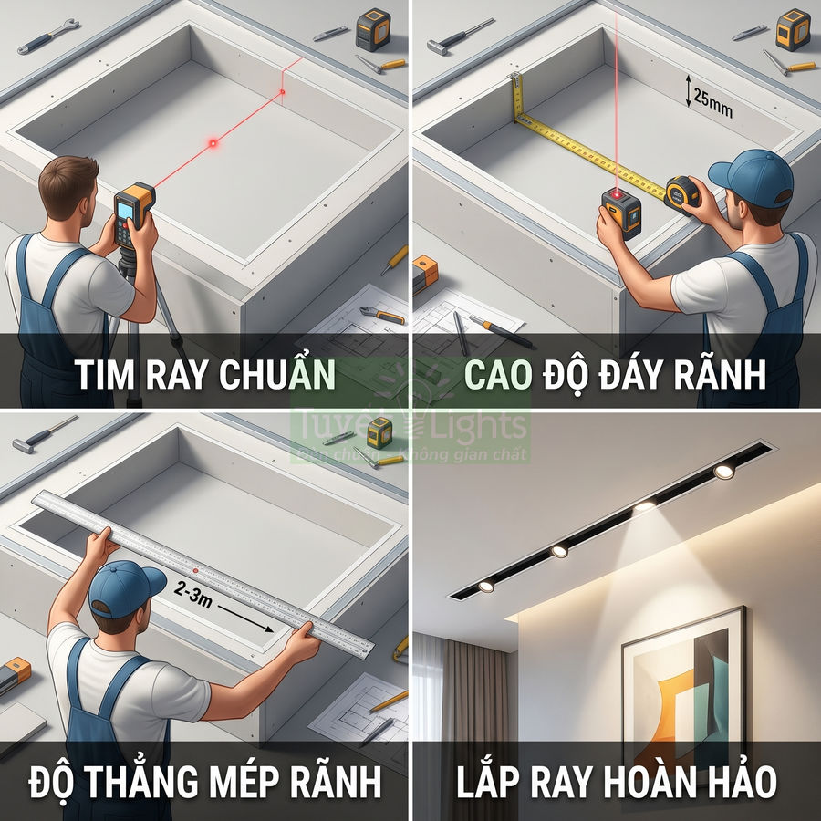 Hướng dẫn lắp đặt đèn ray âm trần với thợ dùng thước, máy đo laser canh thẳng rãnh và hoàn thiện chiếu sáng phòng khách