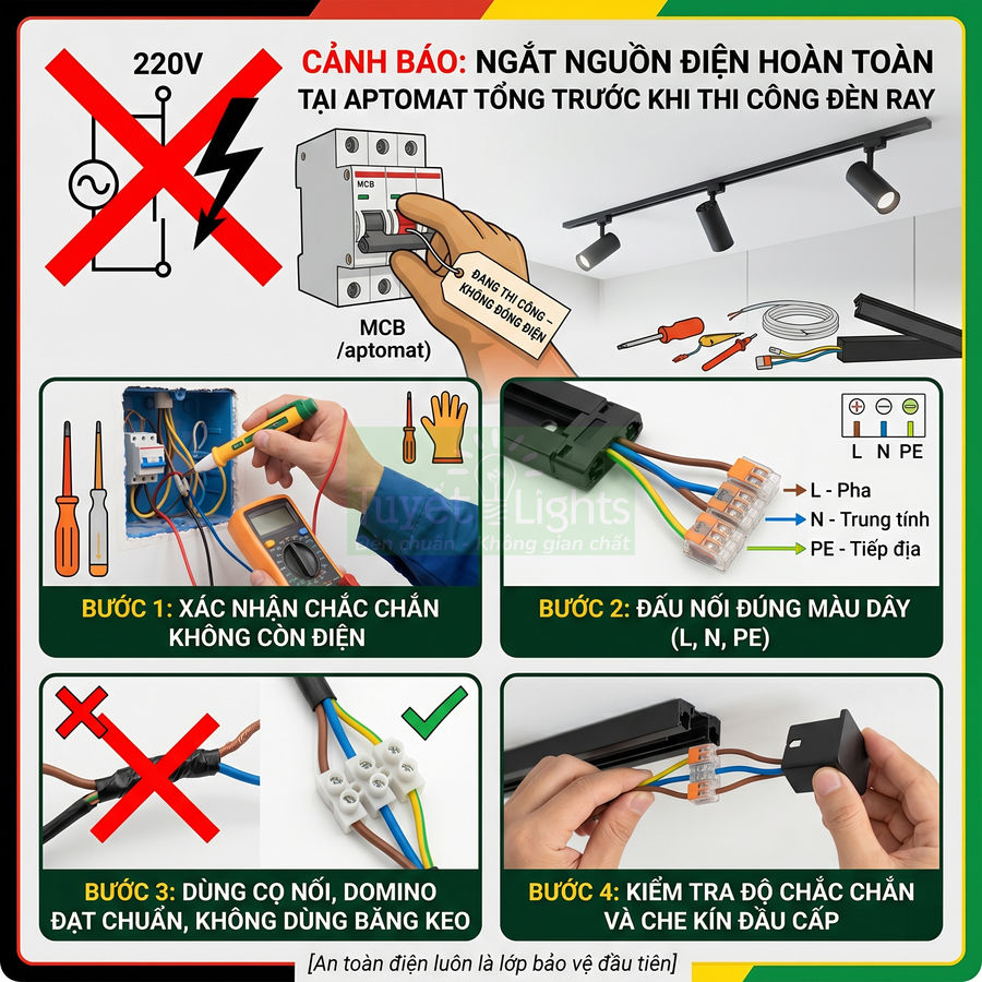 Hướng dẫn an toàn lắp đặt đèn ray, cách ngắt aptomat và đấu nối dây điện đúng màu L N PE