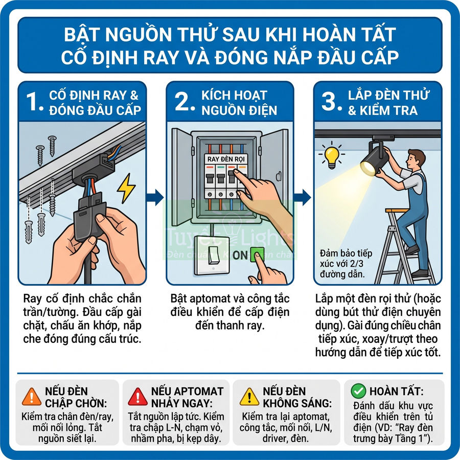Hướng dẫn lắp đặt và kiểm tra đèn rọi ray điện, cố định ray, bật aptomat và thử sáng an toàn