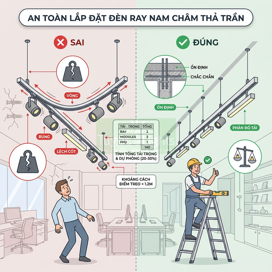 Hướng dẫn lắp đặt đèn ray nam châm thả trần an toàn với ví dụ sai và đúng trong văn phòng