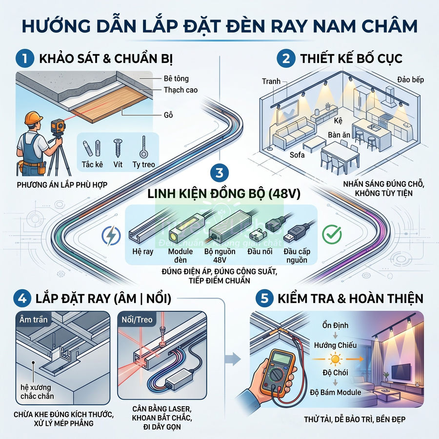 Cách lắp đặt đèn rọi ray nam châm đúng kỹ thuật