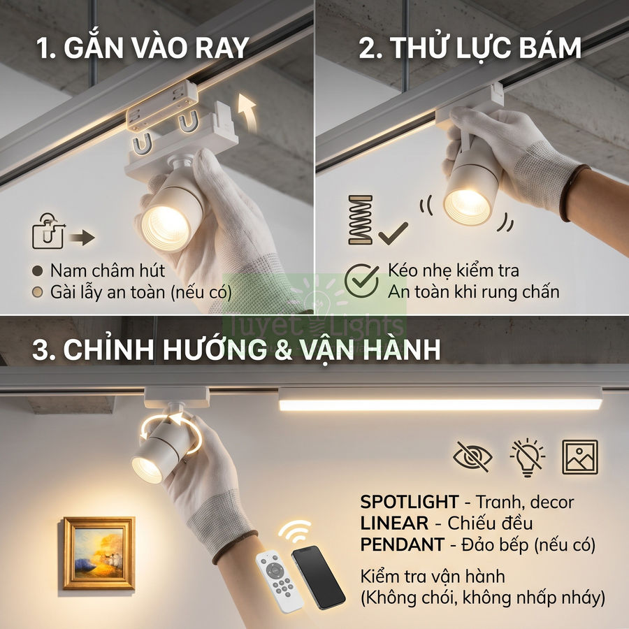 Đèn rọi ray LED trắng gắn trần, hướng dẫn lắp đặt và chỉnh hướng chiếu sáng cho tranh decor trong nhà