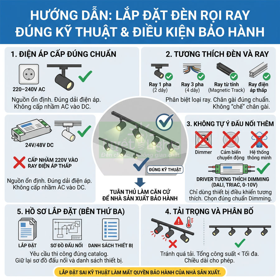 Hướng dẫn lắp đặt đèn rọi ray đúng kỹ thuật, tương thích ray và nguồn điện, đảm bảo điều kiện bảo hành