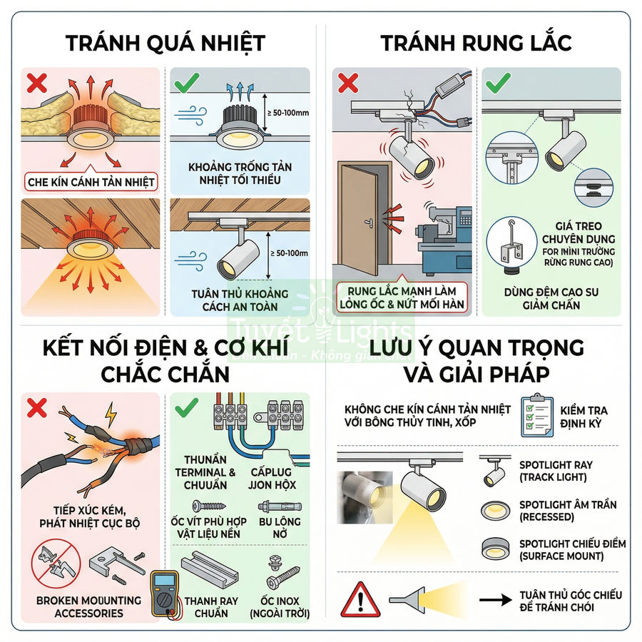 Hướng dẫn lắp đặt và sử dụng đèn spotlight ray chống quá nhiệt, rung lắc và đảm bảo kết nối an toàn