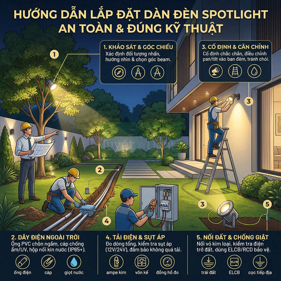 Hướng dẫn lắp đặt dàn đèn spotlight ngoài trời an toàn đúng kỹ thuật trong sân vườn nhà ở