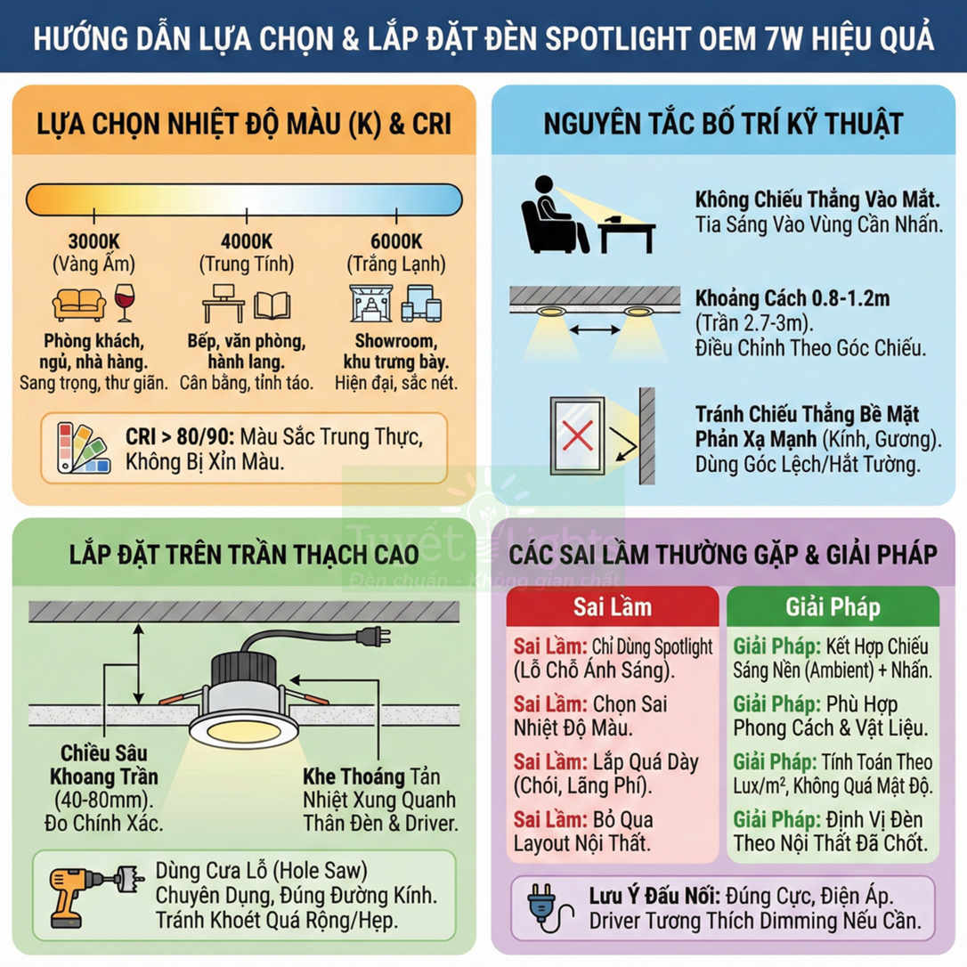 Hướng dẫn lựa chọn và lắp đặt đèn spotlight OEM 7W trên trần thạch cao, lưu ý nhiệt độ màu và các lỗi thường gặp