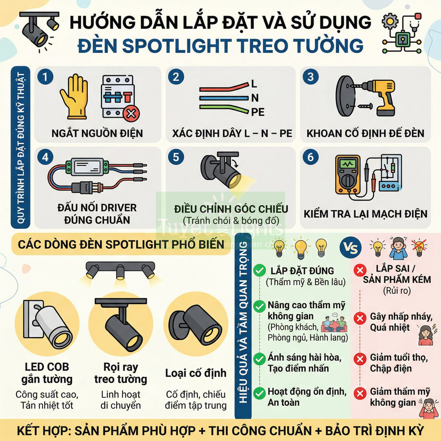 Hướng dẫn lắp đèn spotlight treo tường chi tiết từ A-Z