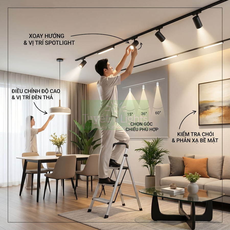 Lắp đặt và điều chỉnh hệ thống đèn spotlight ray trượt chiếu sáng phòng khách hiện đại