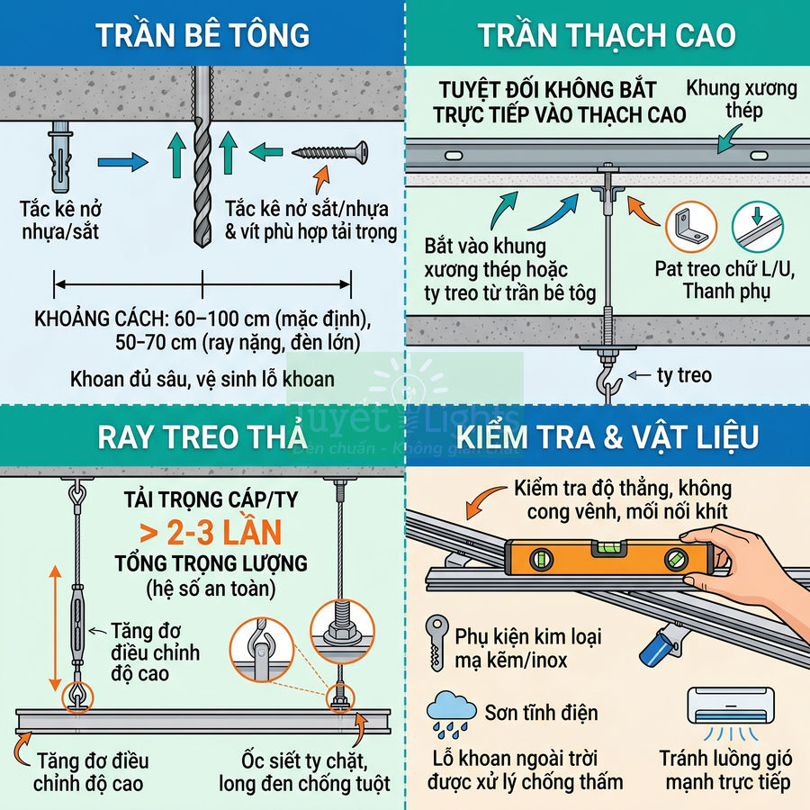 Hướng dẫn lắp đặt ray treo thả và ty treo cho trần bê tông, trần thạch cao kèm kiểm tra vật liệu an toàn
