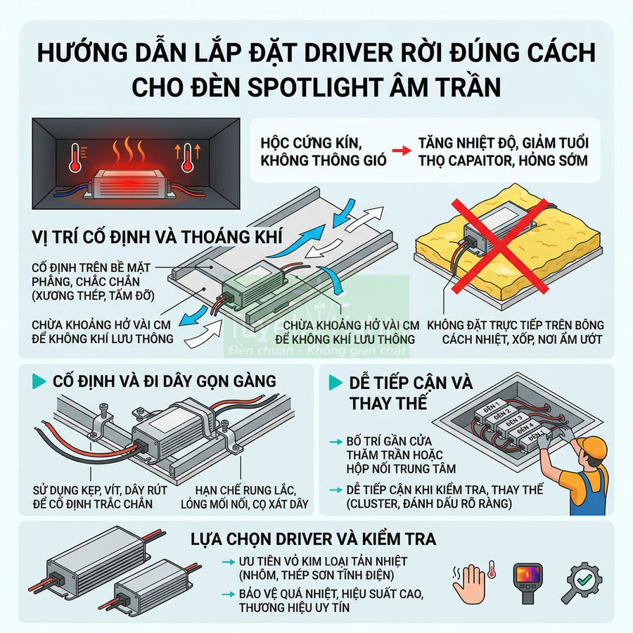 Hướng dẫn lắp đặt driver rời cho đèn spotlight âm trần với vị trí cố định, thoáng khí và đi dây gọn gàng