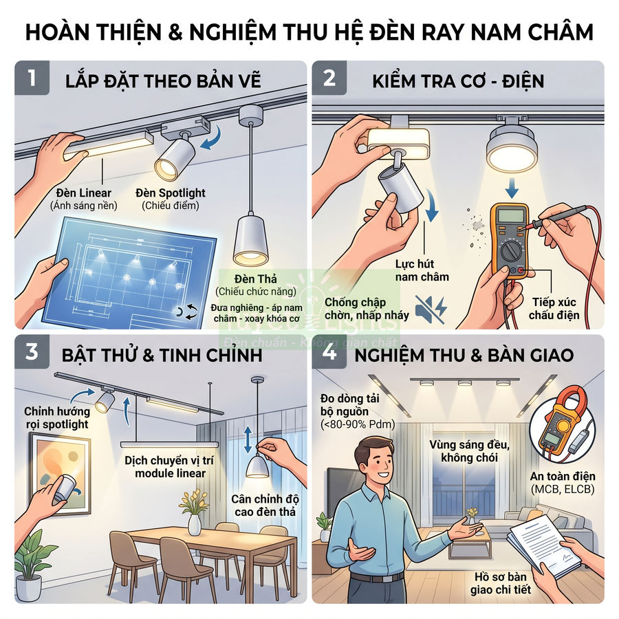 Quy trình lắp đặt và nghiệm thu hệ đèn ray nam châm cho phòng khách hiện đại