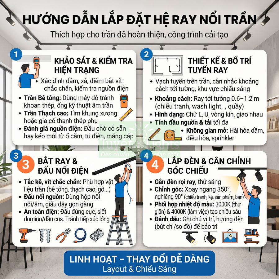 Hướng dẫn lắp đặt hệ ray nổi trần cho đèn rọi ray trong không gian nội thất hiện đại