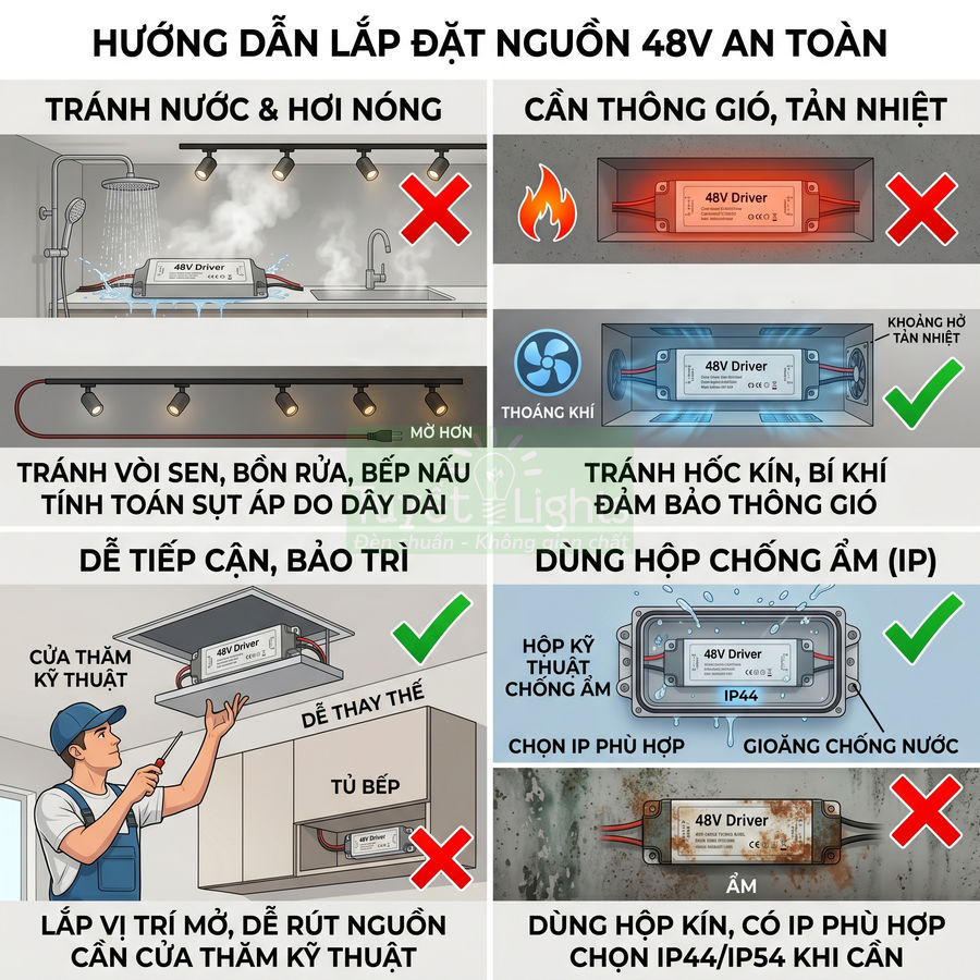 Hướng dẫn lắp đặt nguồn 48V driver an toàn, tránh nước và hơi nóng, đảm bảo thông gió, dùng hộp kỹ thuật chống ẩm IP phù hợp