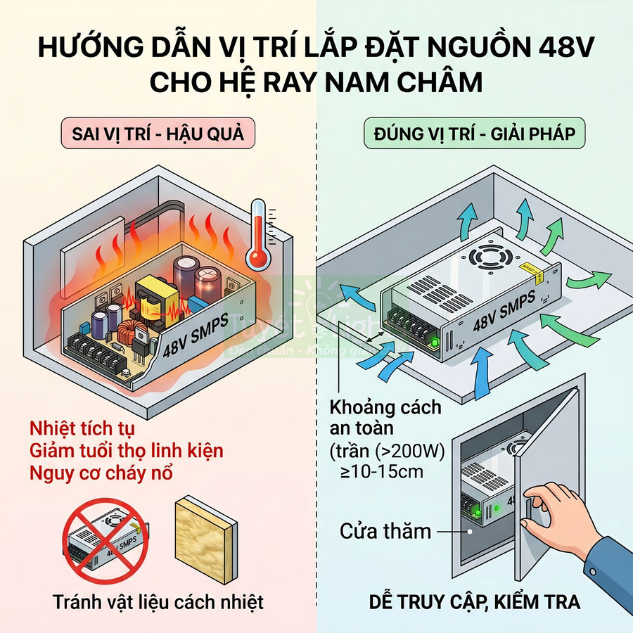 Hướng dẫn lắp đặt nguồn 48V SMPS cho hệ ray nam châm với vị trí thông thoáng, có cửa thăm dễ kiểm tra
