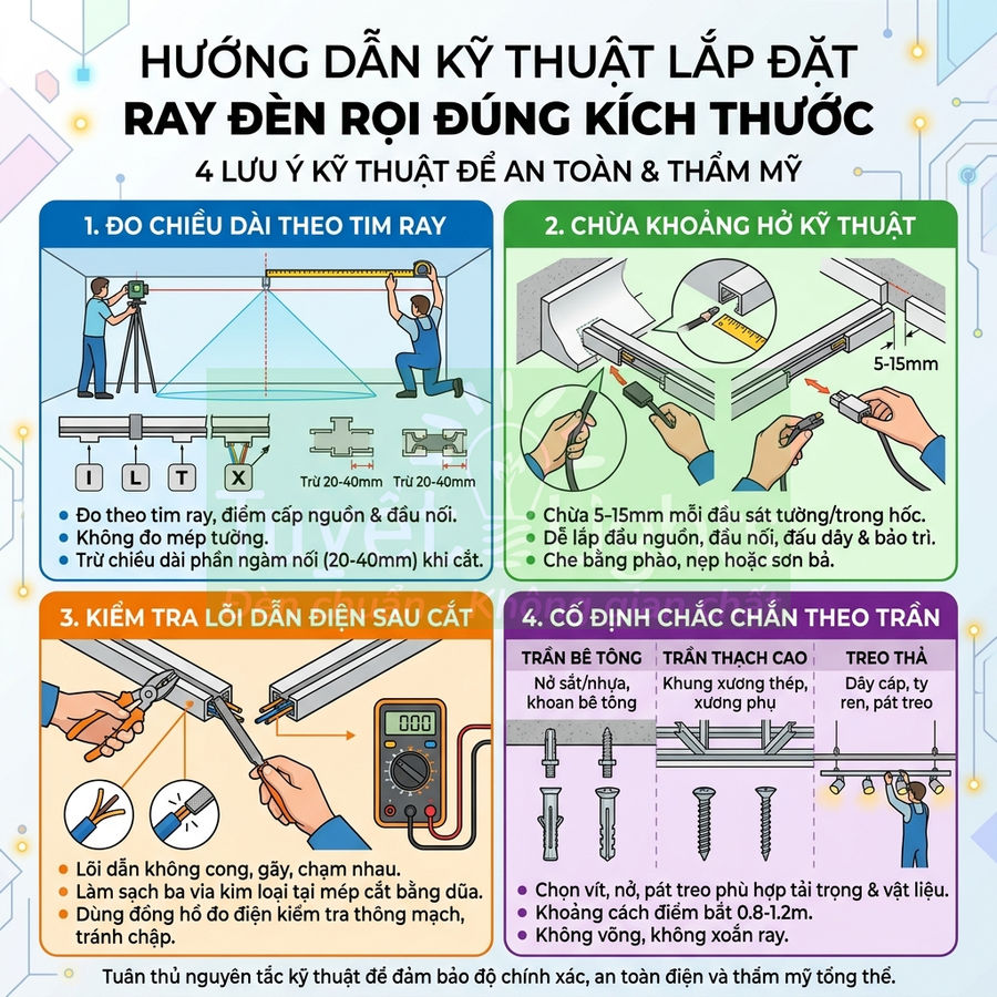 Hướng dẫn kỹ thuật lắp đặt ray đèn rọi đúng kích thước với các bước đo, chừa khe kỹ thuật, kiểm tra điện và cố định ray