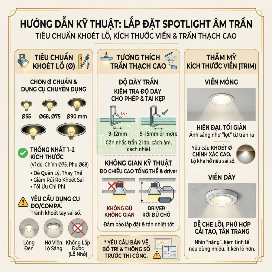 Hướng dẫn kỹ thuật lắp đặt đèn spotlight âm trần cho trần thạch cao, tiêu chuẩn khoét lỗ và kích thước viền