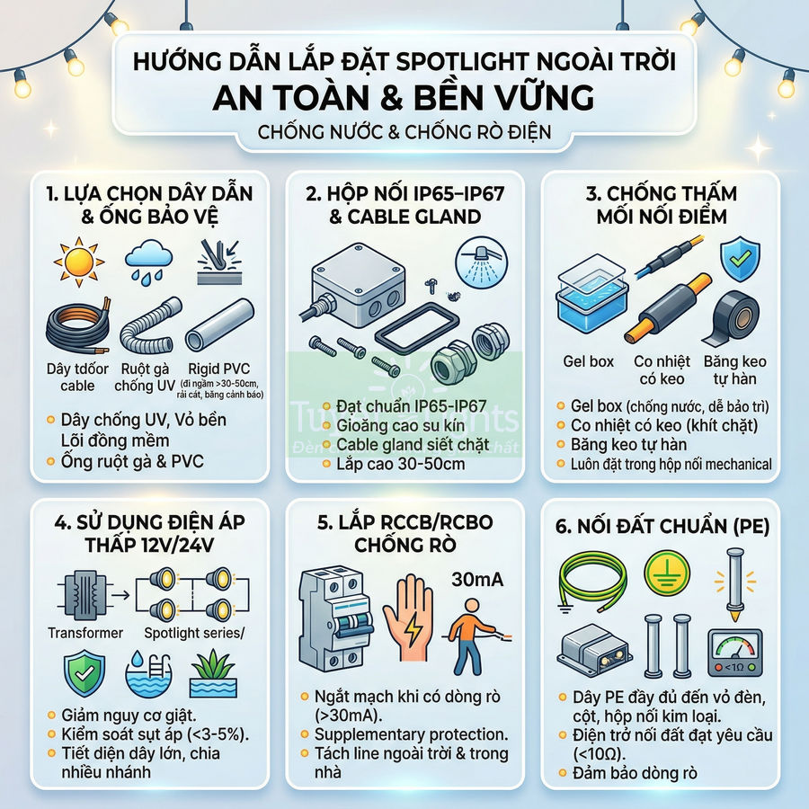 Hướng dẫn lắp đặt spotlight ngoài trời an toàn chống nước chống rò điện với dây dẫn hộp nối và thiết bị RCCB