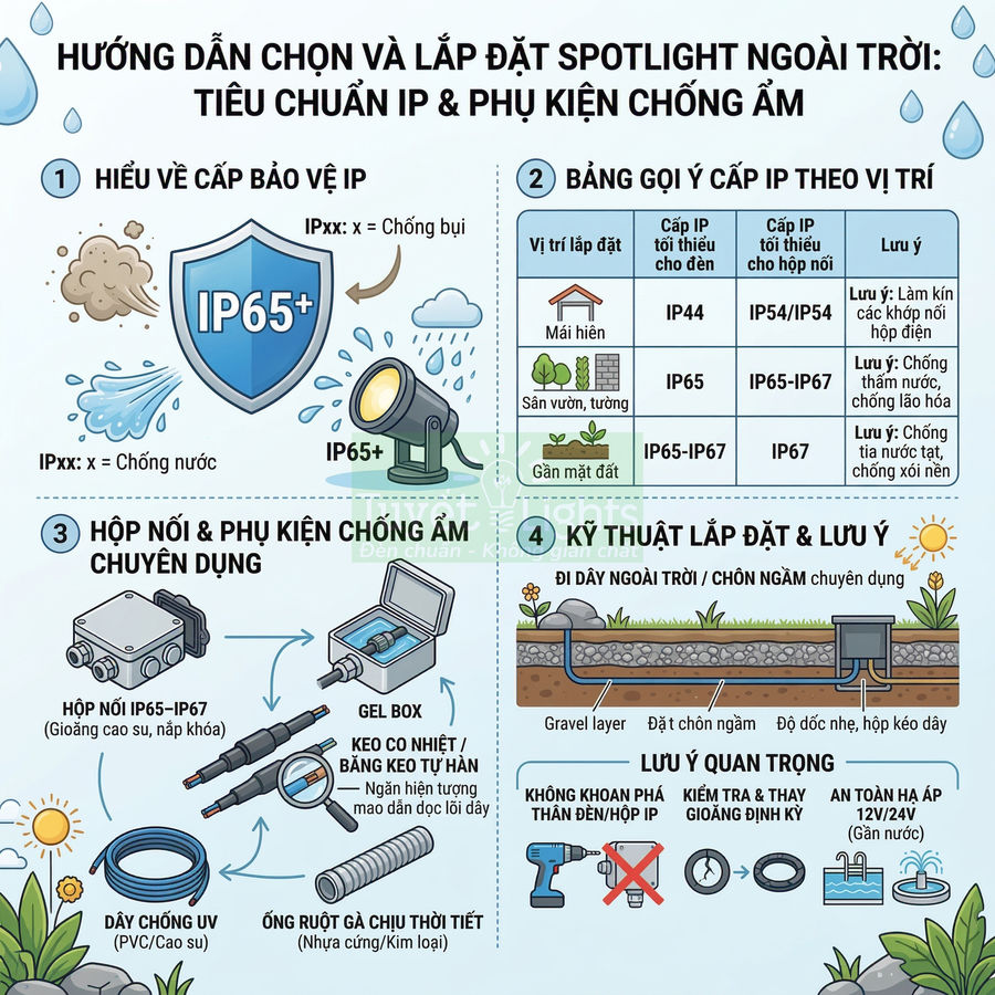 Hướng dẫn chọn và lắp đặt đèn spotlight ngoài trời chuẩn IP65 chống nước và phụ kiện hộp nối chống ẩm
