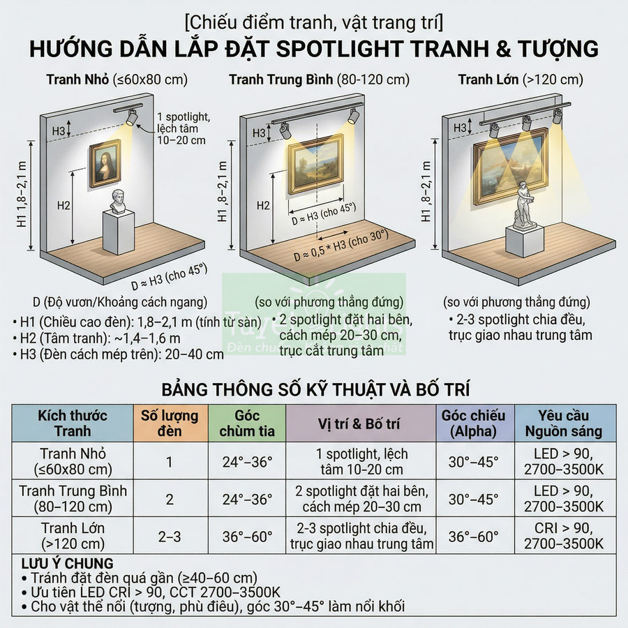 Hướng dẫn lắp đặt đèn spotlight chiếu tranh và tượng với thông số kỹ thuật và vị trí bố trí chi tiết