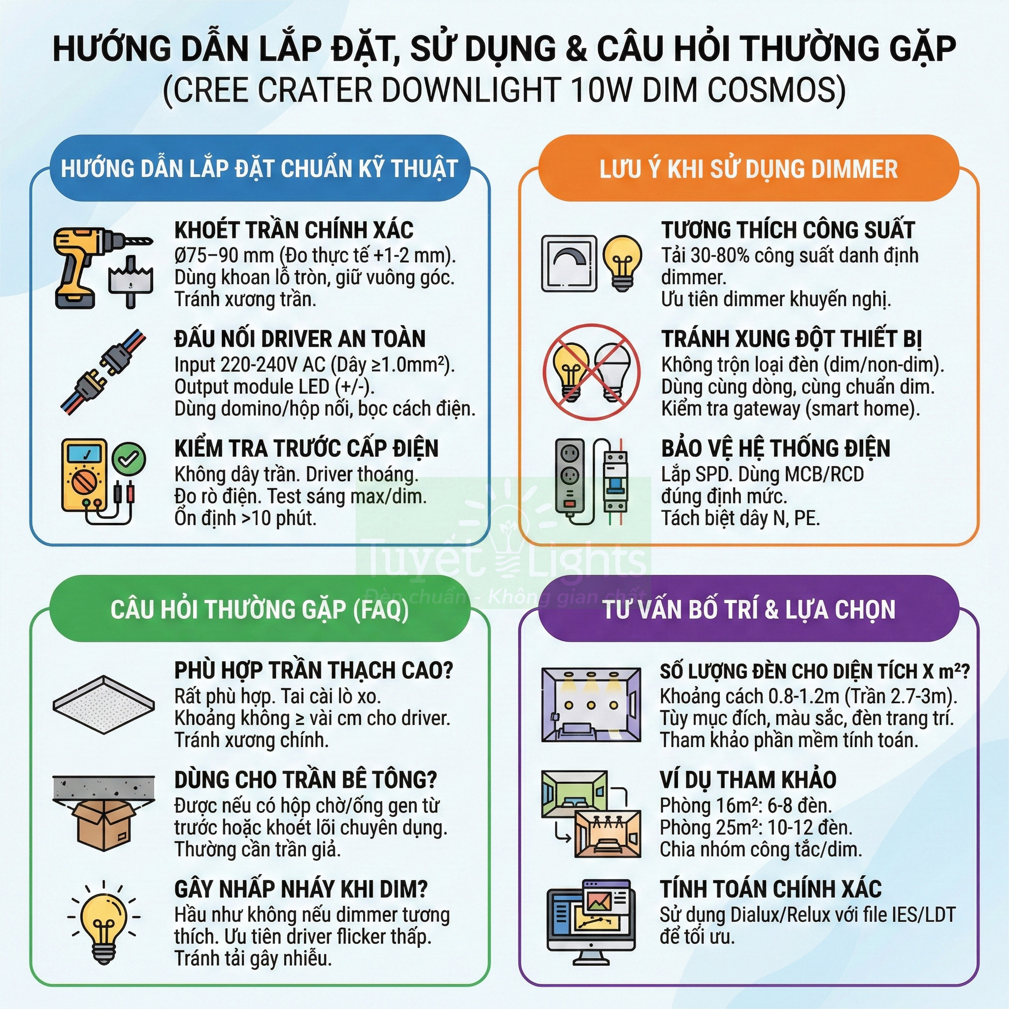 Hướng dẫn lắp đặt và sử dụng đèn âm trần Cree Crater Downlight 10W DIM Cosmos kèm lưu ý dimmer và FAQ