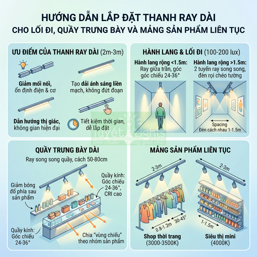 Hướng dẫn lắp đặt thanh ray đèn dài cho hành lang, quầy trưng bày và mảng sản phẩm liên tục