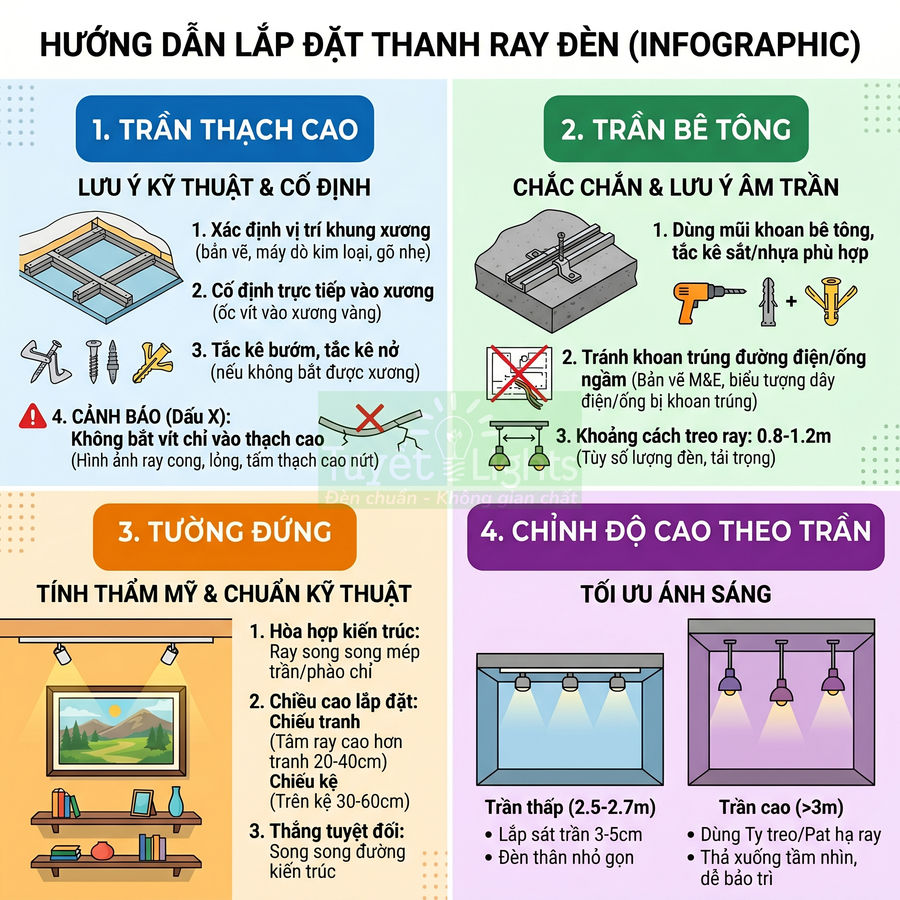 Hướng dẫn lắp đặt thanh ray đèn chiếu sáng trên trần thạch cao, trần bê tông và tường đứng