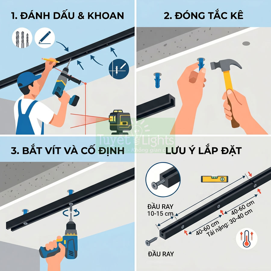 Hướng dẫn lắp đặt thanh ray đèn trần với khoan, tắc kê, vít cố định và khoảng cách bắt vít an toàn