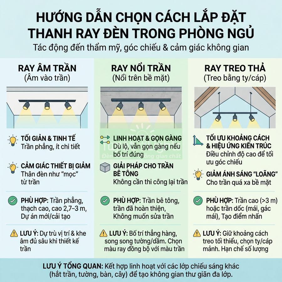 Hướng dẫn chọn cách lắp đặt thanh ray đèn phòng ngủ với ray âm trần, ray nổi trần và ray treo thả
