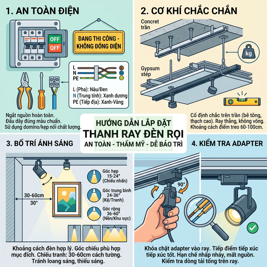 Hướng dẫn lắp đặt thanh ray đèn rọi trần nhà với các bước an toàn điện, cơ khí và bố trí ánh sáng