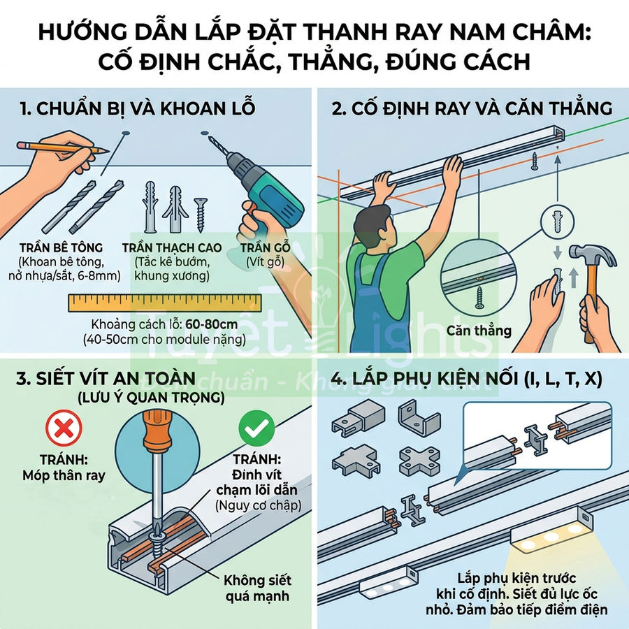 Hướng dẫn lắp đặt thanh ray nam châm trần nhà với khoan, vít và phụ kiện nối chi tiết