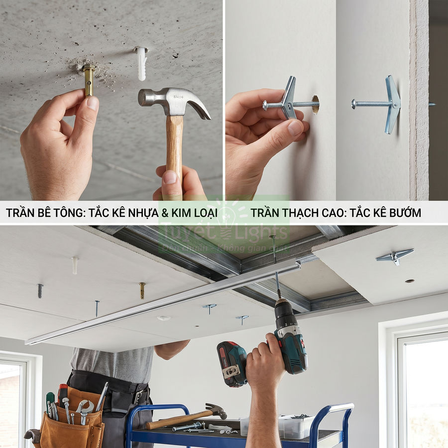 Lắp đặt tắc kê nhựa, tắc kê kim loại và tắc kê bướm trên trần bê tông và trần thạch cao