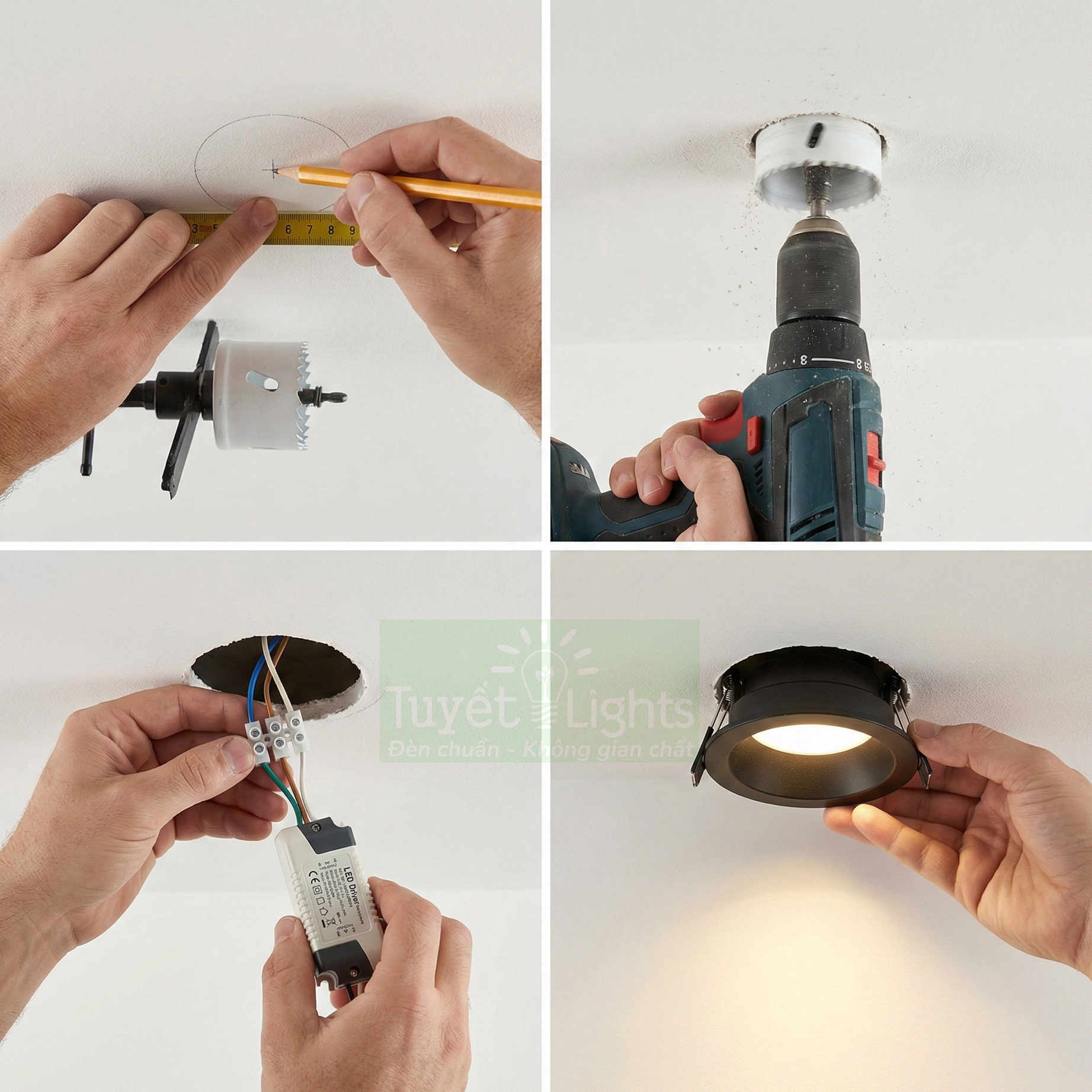 Quy trình lắp đặt đèn led âm trần tròn màu đen trên trần thạch cao