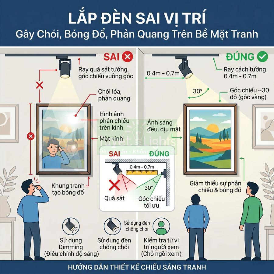 Hướng dẫn lắp đèn chiếu tranh đúng vị trí để giảm chói lóa, bóng đổ và phản quang trên bề mặt tranh