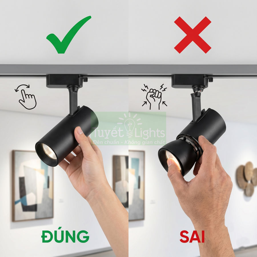 Hướng dẫn lắp đặt đèn rọi ray Tuyết Lights đúng cách với ví dụ thao tác đúng và sai