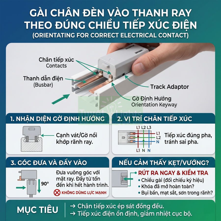 Hướng dẫn lắp chân đèn vào thanh ray điện, minh họa track adaptor và vị trí chân tiếp xúc an toàn