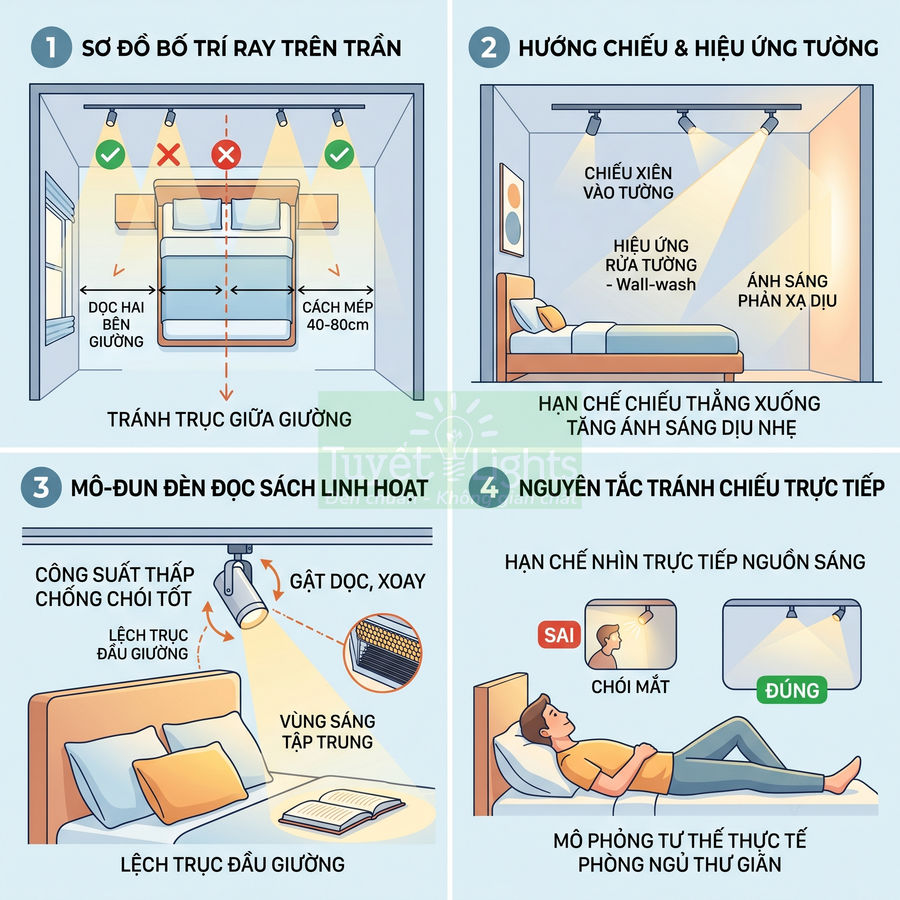 Hướng dẫn bố trí đèn ray trần và đèn đọc sách linh hoạt cho phòng ngủ êm dịu, tránh chói mắt