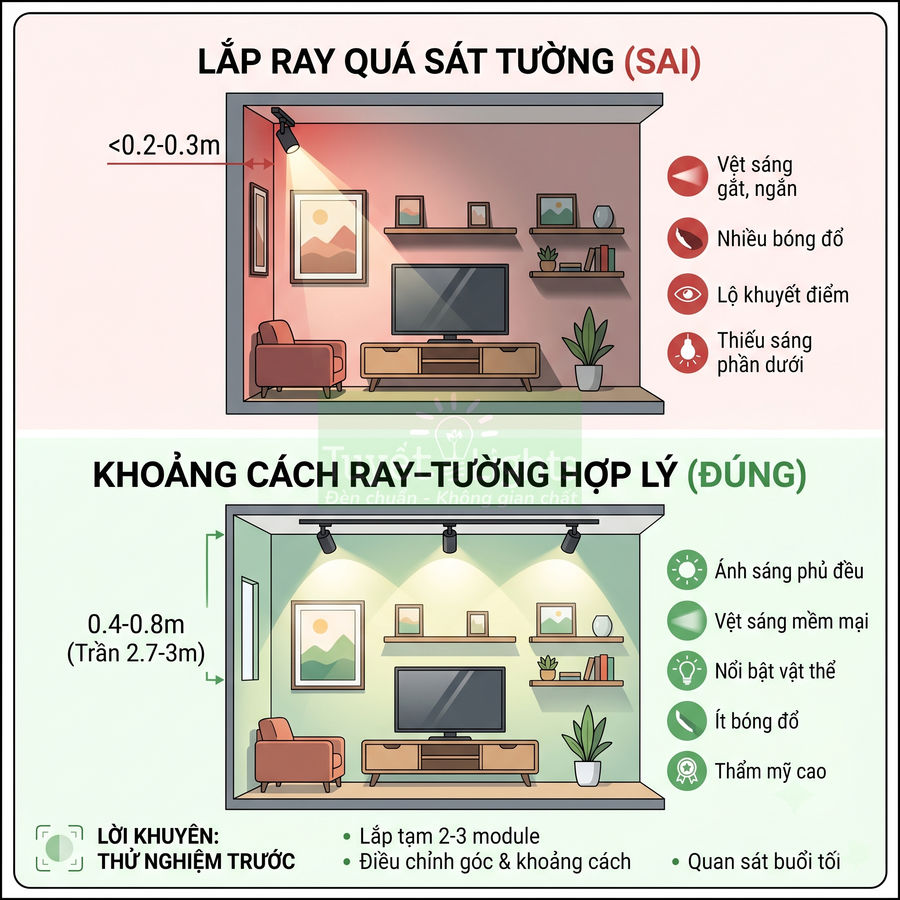 Minh họa so sánh lắp đèn rọi ray sát tường sai và khoảng cách ray tường hợp lý trong phòng khách