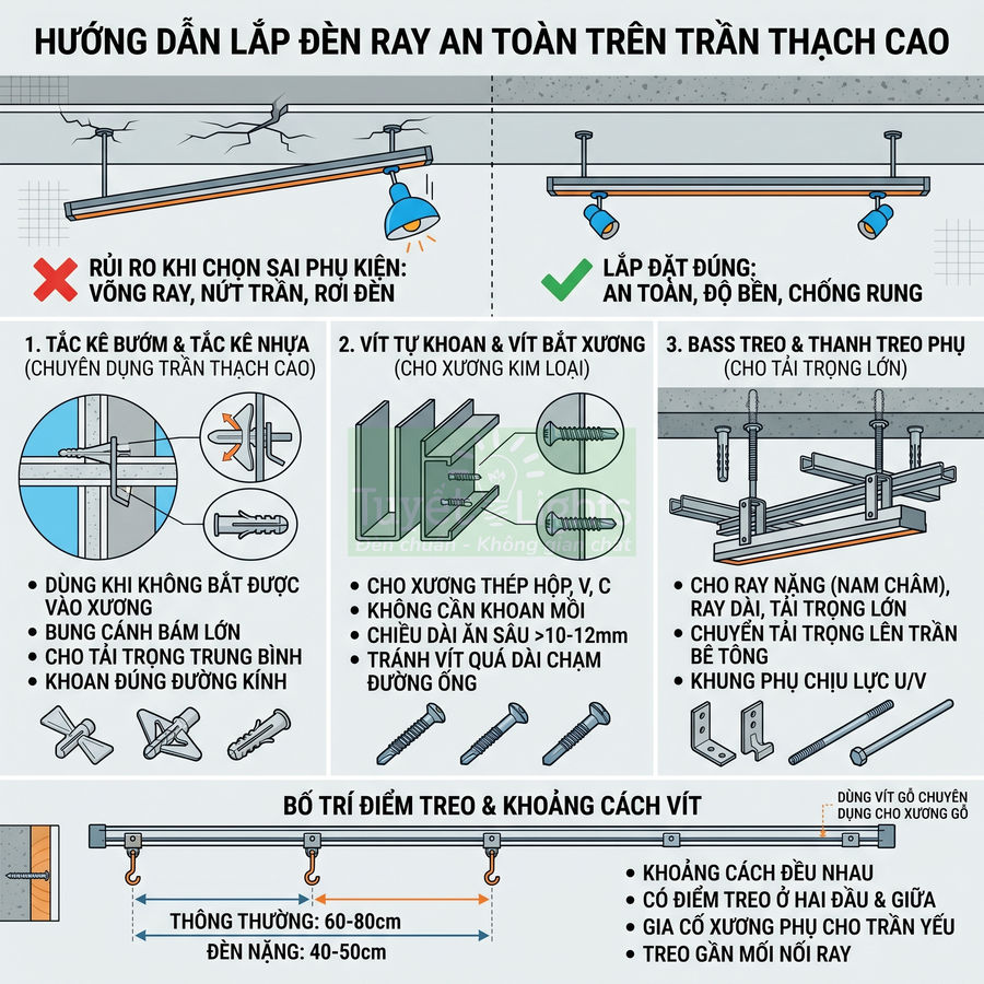Hướng dẫn lắp đặt đèn ray an toàn trên trần thạch cao với các loại tắc kê, vít và bass treo
