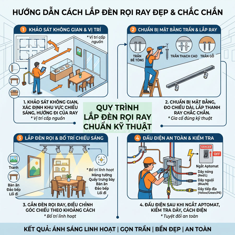 Cách lắp thanh ray cho đèn rọi ray đẹp, chắc chắn