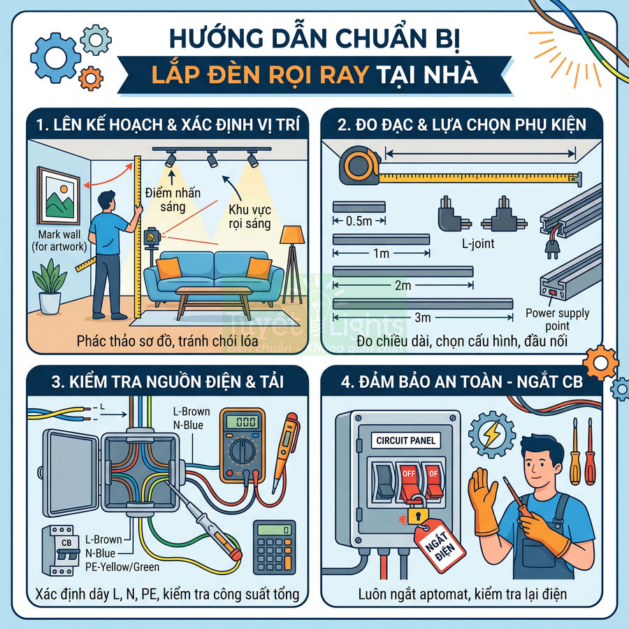 Infographic hướng dẫn chuẩn bị lắp đèn rọi ray trong phòng khách, đo đạc vị trí, kiểm tra nguồn điện và đảm bảo an toàn