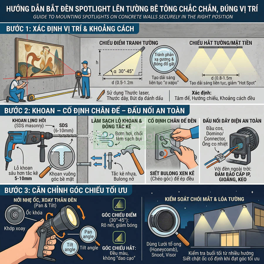 Hướng dẫn lắp đặt đèn spotlight chiếu tranh và mặt tiền trên tường bê tông chi tiết từng bước