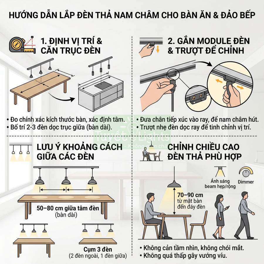 Hướng dẫn lắp đặt đèn thả nam châm cho bàn ăn và đảo bếp với khoảng cách và chiều cao chuẩn
