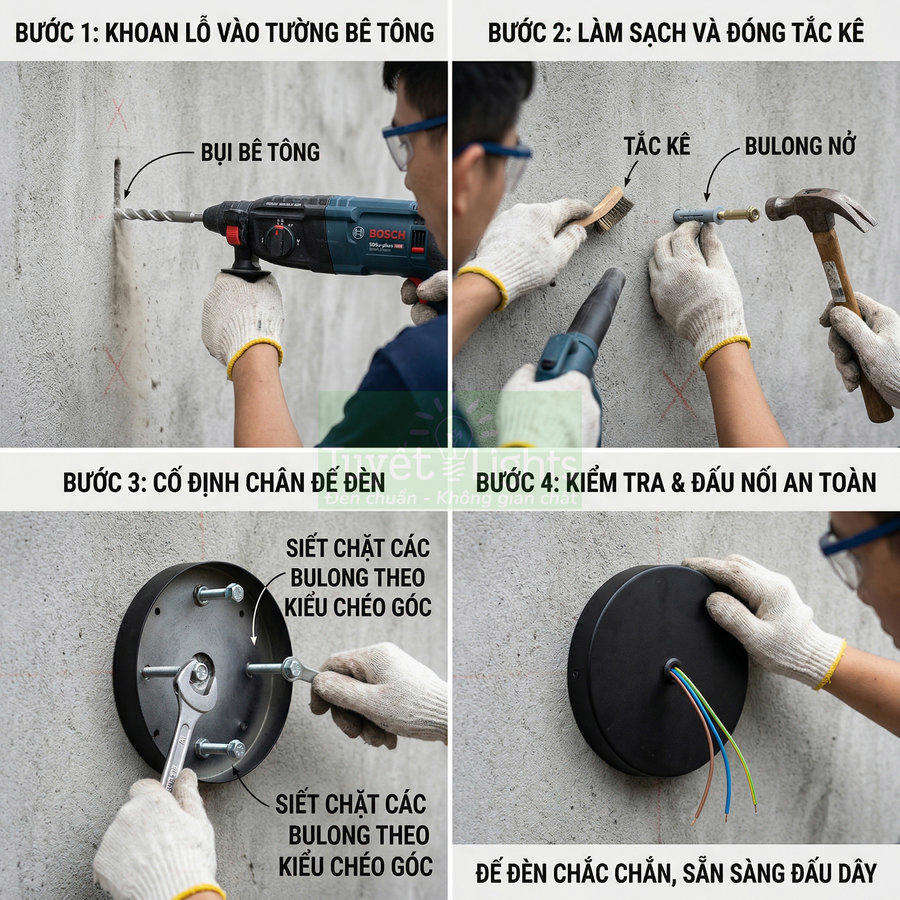 Hướng dẫn lắp đặt đế đèn tường tròn trên tường bê tông bằng khoan Bosch và bulong nở