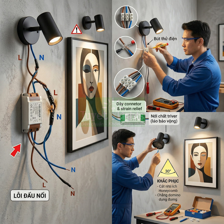 Hướng dẫn lắp đặt đèn tường LED trong nhà với thợ điện đang đấu nối dây và kiểm tra an toàn