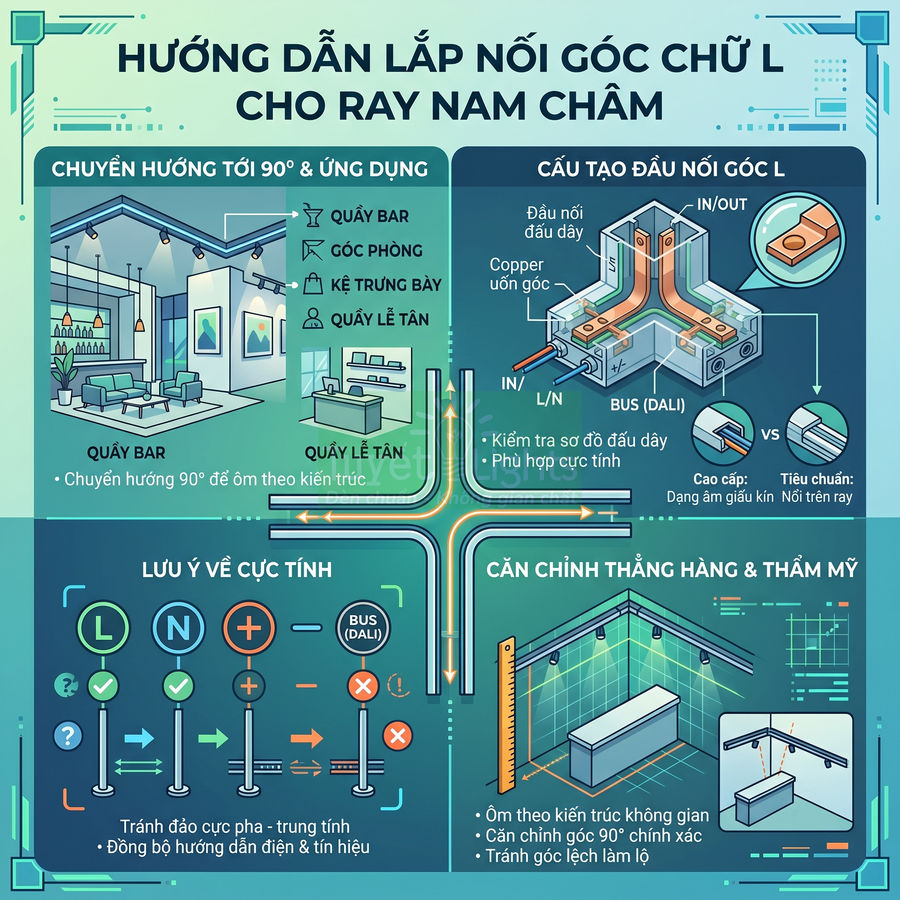 Hướng dẫn lắp nối góc chữ L cho ray nam châm chiếu sáng trần nhà, minh họa cấu tạo đầu nối và cách căn chỉnh ray