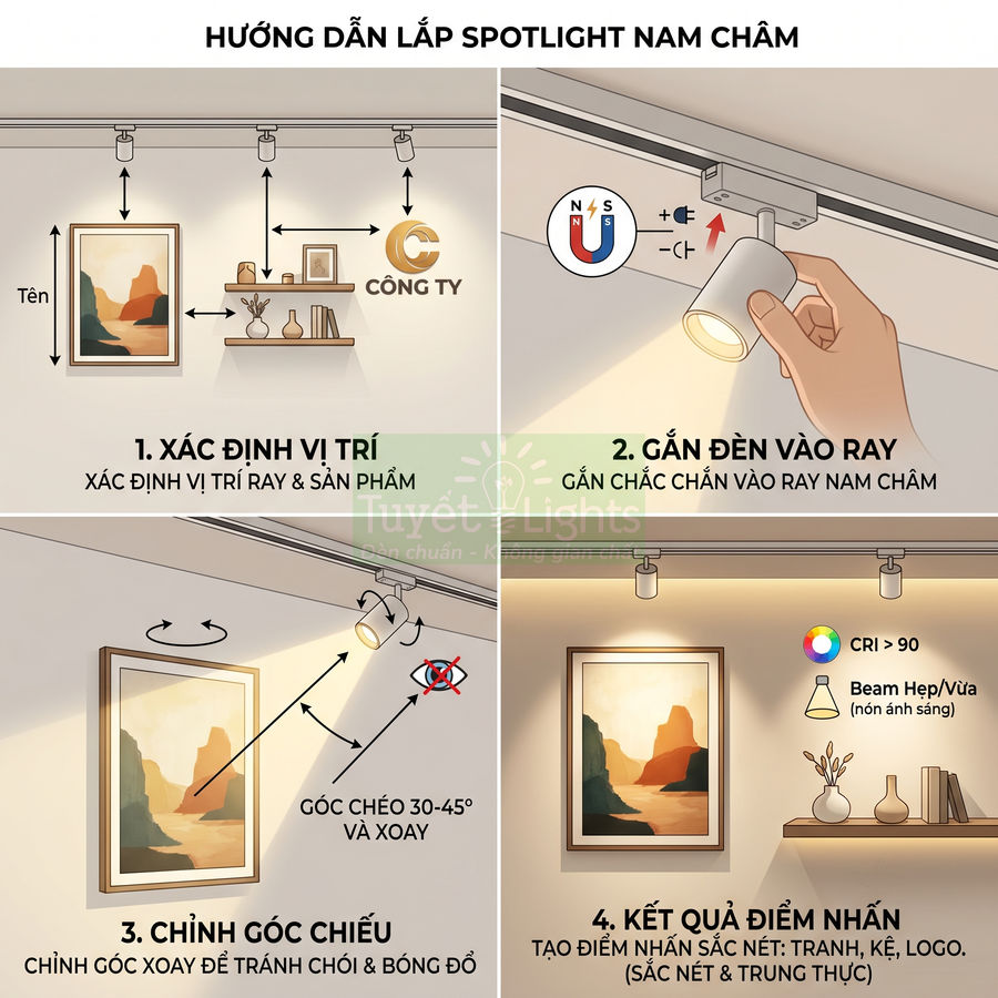 Hướng dẫn lắp đặt đèn spotlight nam châm trên ray chiếu tranh và kệ trang trí trong phòng khách